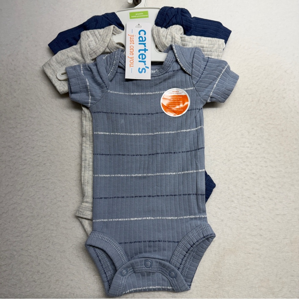 NWT Carters Onzie Bodysuit Set 3 Boy Navy Blue Stripe Ribbed Short‎ Sleeve